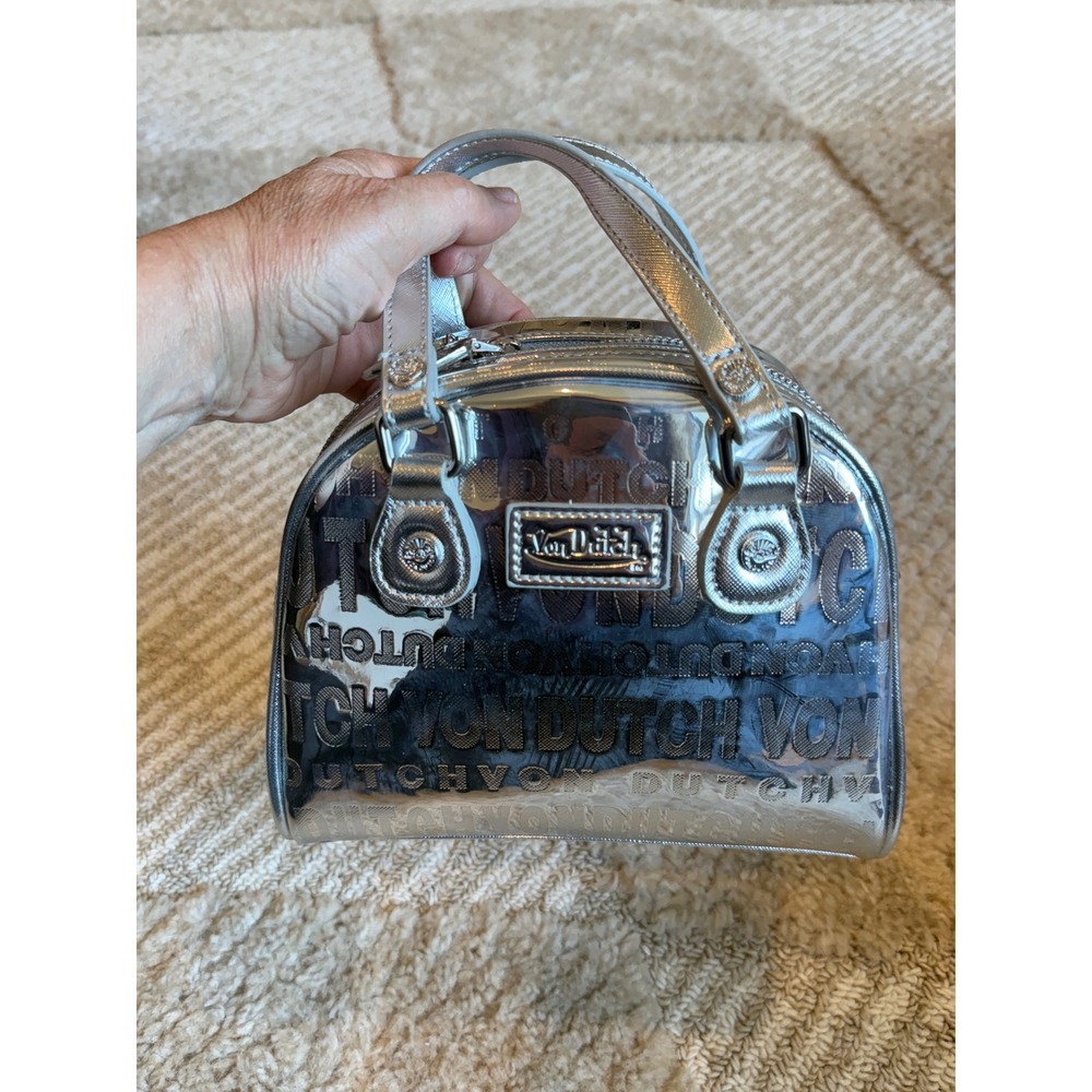 Von Dutch Silver Metallic Mini Bowling Bag Embossed Logo Satchel Crossbody NWT